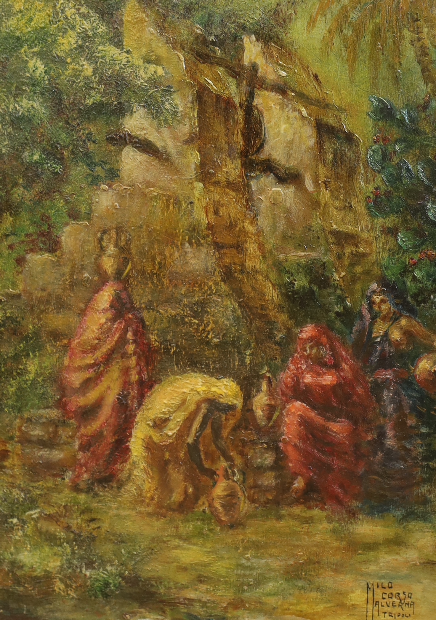 Milo Corsa Alverna, set of three oils on board, Street scenes with figures and villas, each signed, two inscribed 'Tripoli', largest 49 x 39cm